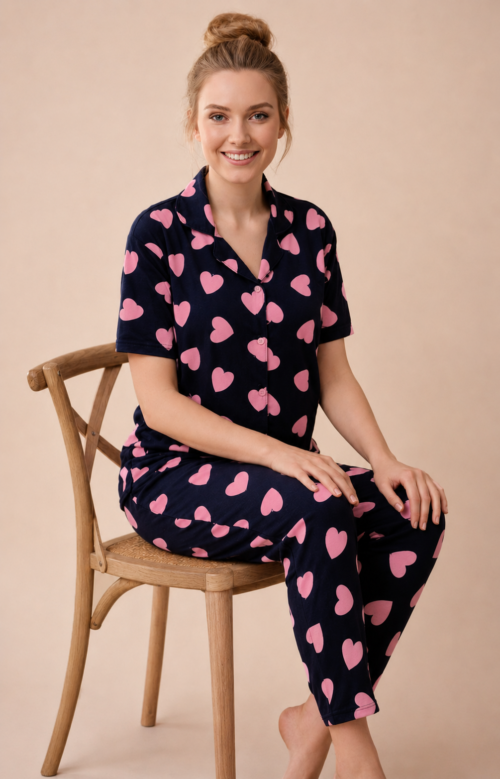 Découvrez notre pyjama rose motifs coeur 100% coton signé Habibi Secrets en 100% coton.